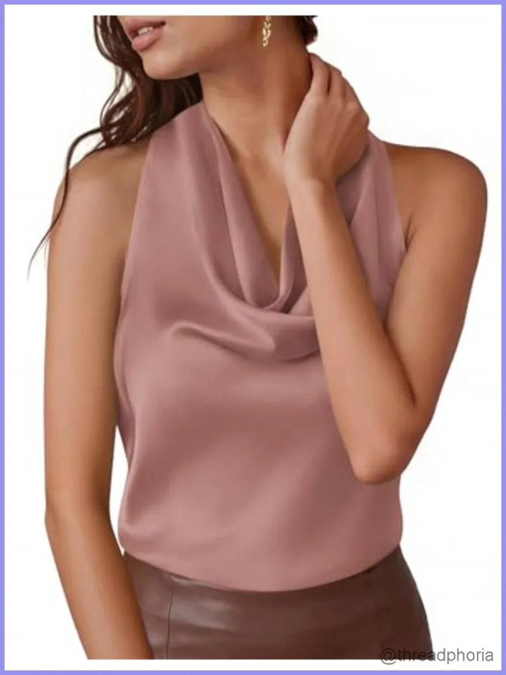 Satin Halter Tank Top Cowl Neck Tie Back Sleeveless Summer Blouse